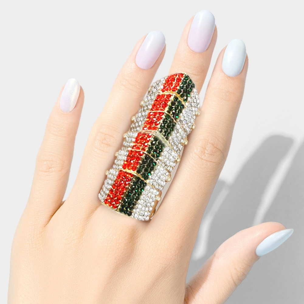 Red Green Stripes Gold Rhinestone Shield Armor Ring Statement Fashion Accessory
